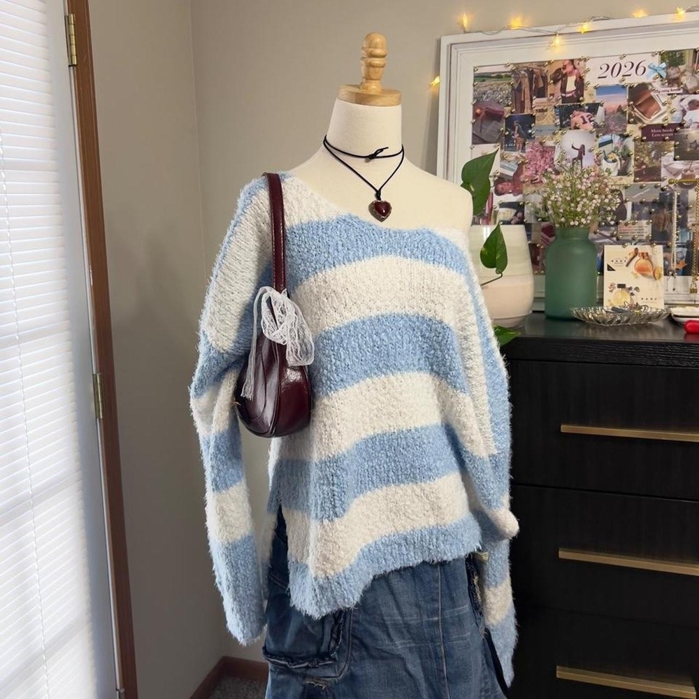 Rue 21 Blue & White Striped Off The Shoulder Oversized Sweater Knit